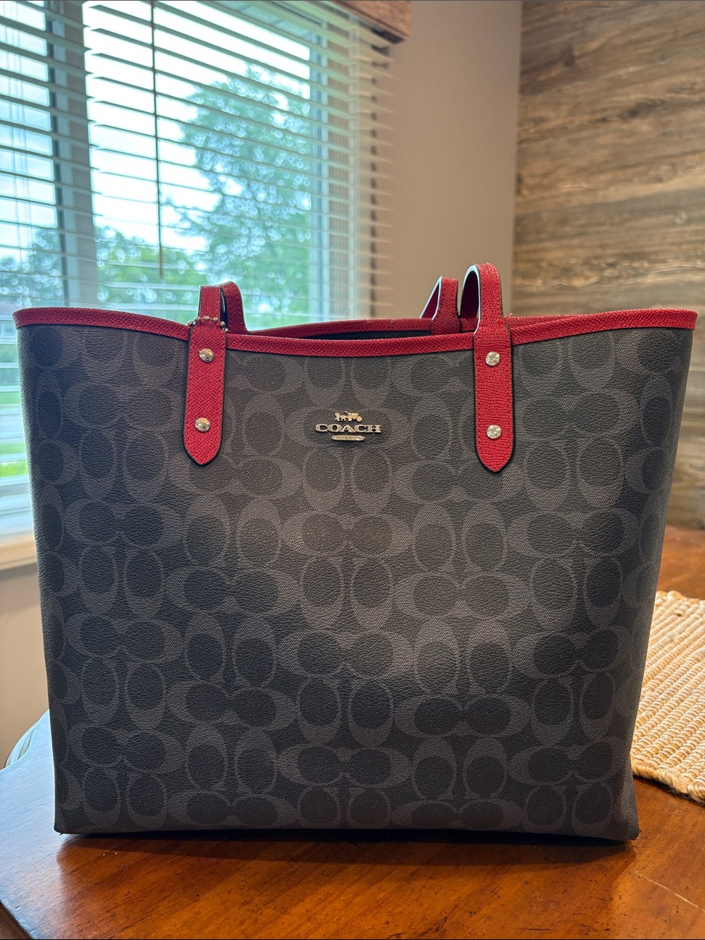 Coach Charcoal Signature Tote with Red Trim and Reverseable